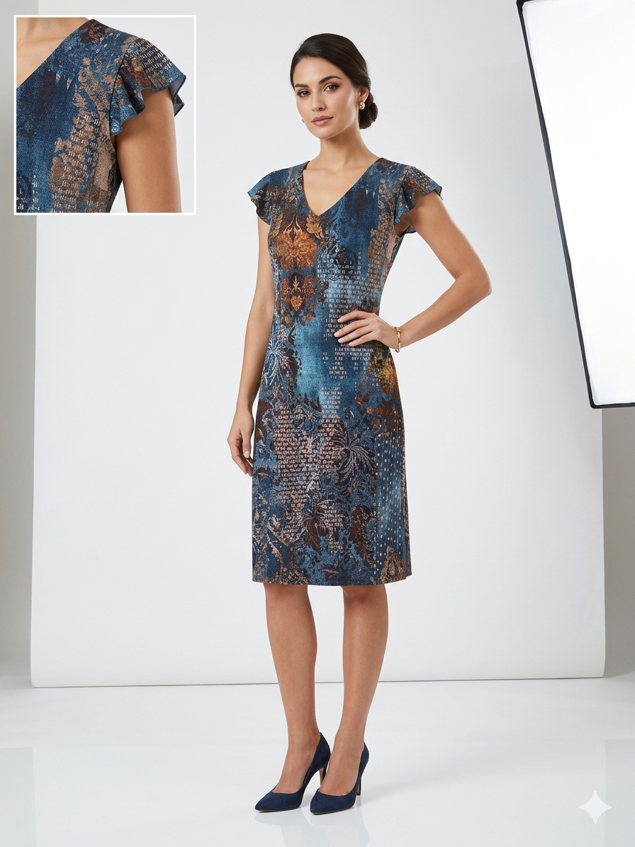 Vestido cuello pico manga volantes, azul estampado