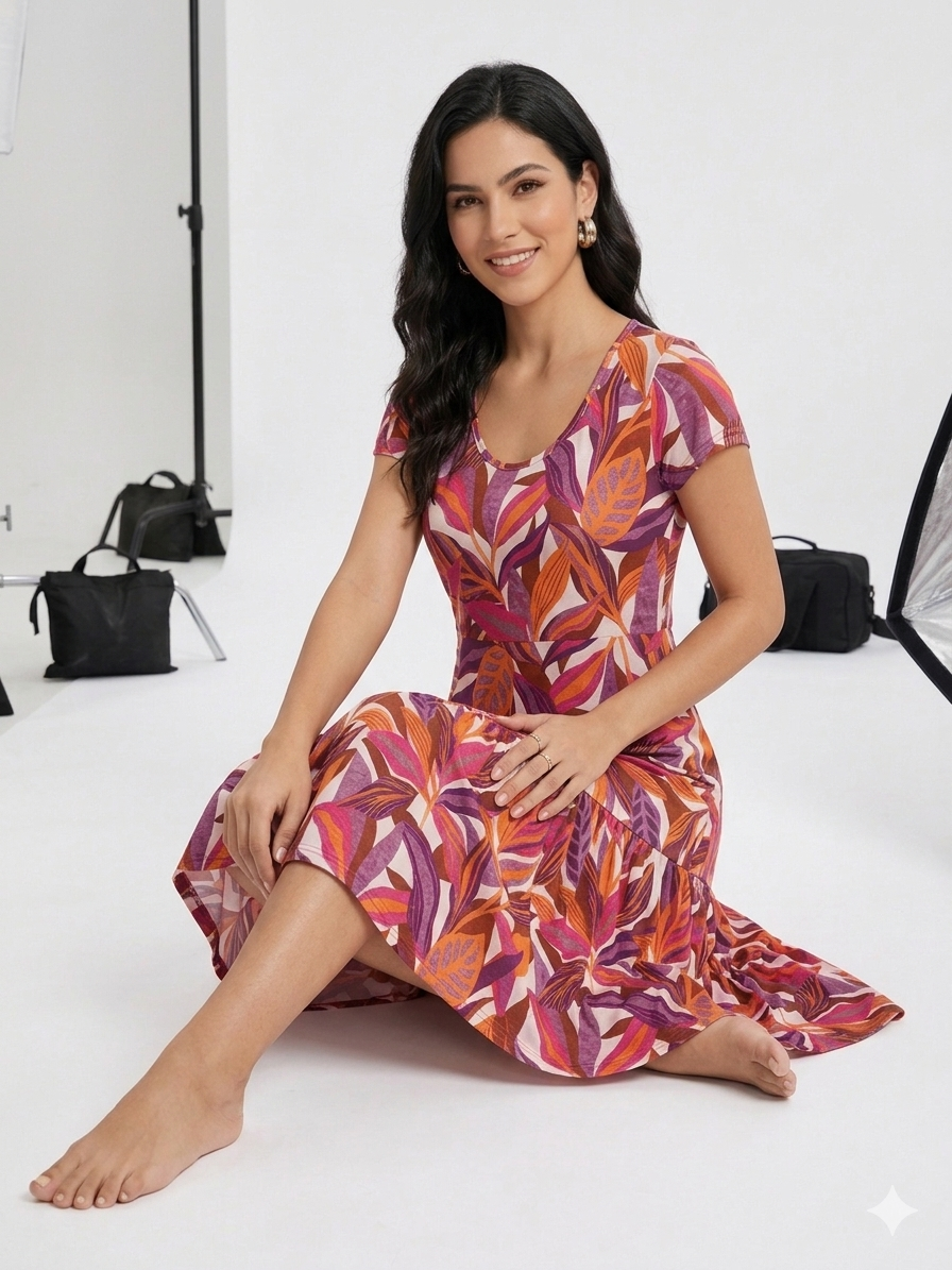 Vestido cuello redondo, manga corta,estampado hojas fuscia y rojo