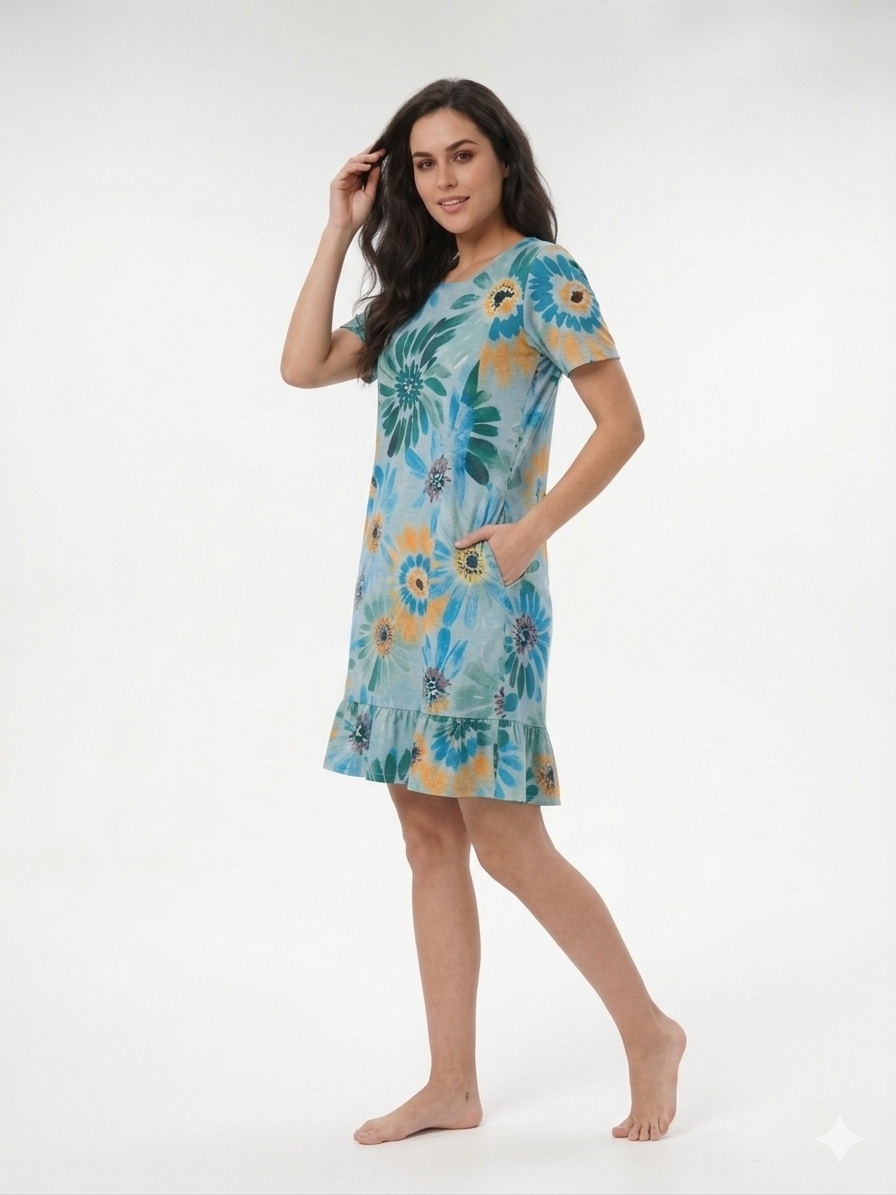 Vestido Manga Corta cuello pico azul estampado floreal