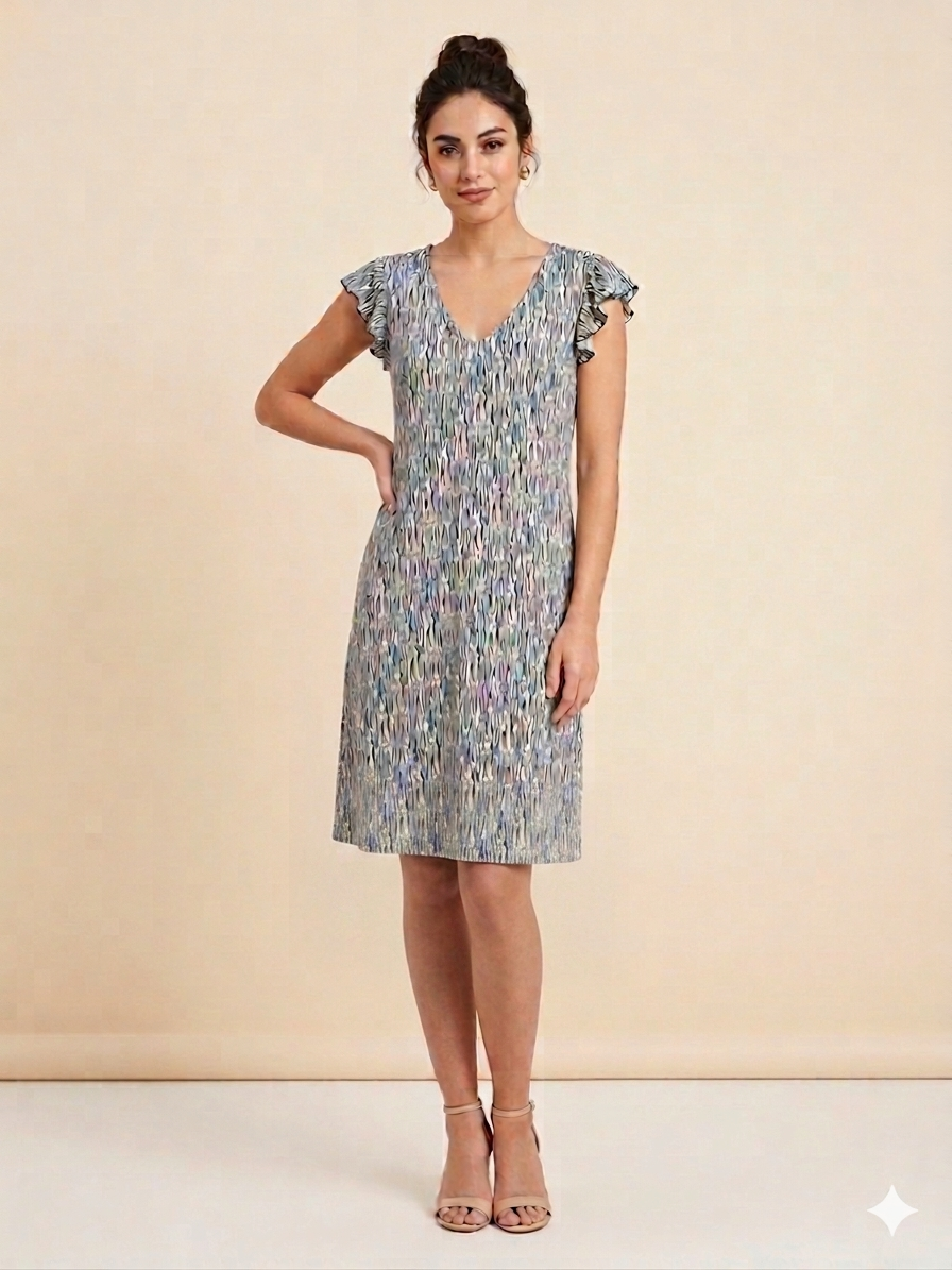Vestido cuello pico, manga volantes estampado azul