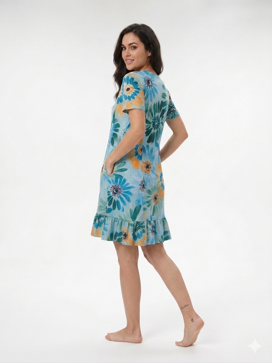 Vestido Manga Corta cuello pico azul estampado floreal