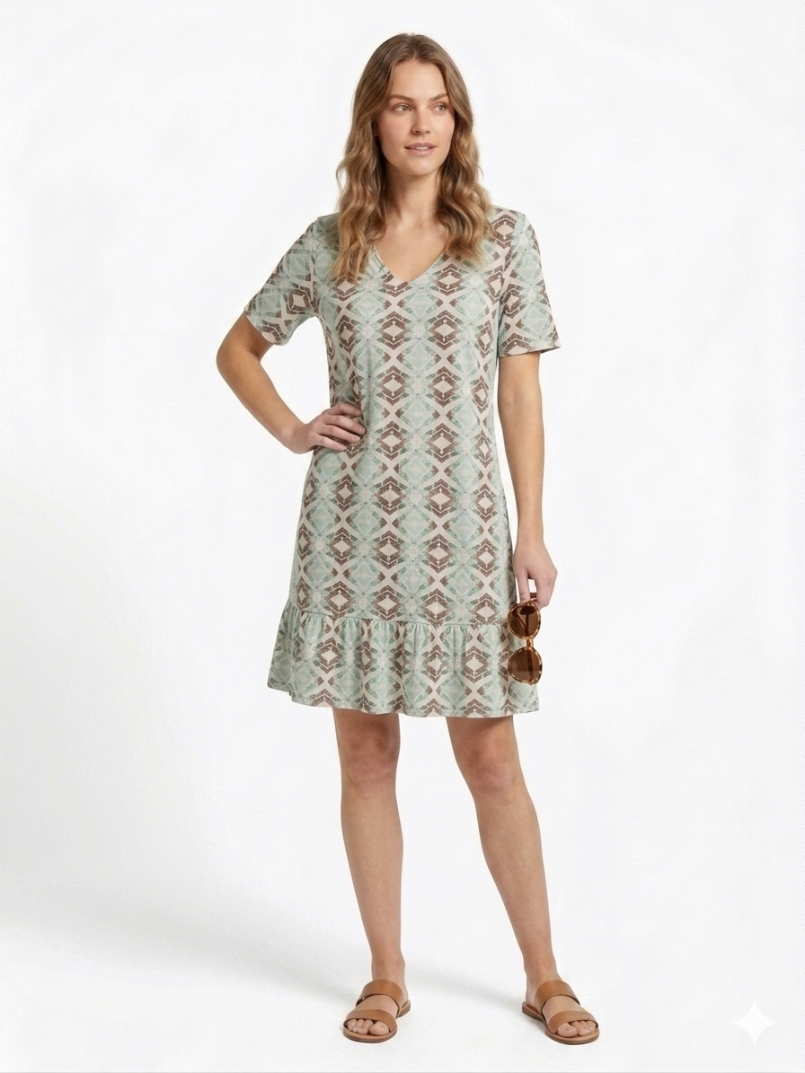 Vestido cuello pico, manga corta, estampado asimétrico verde claro