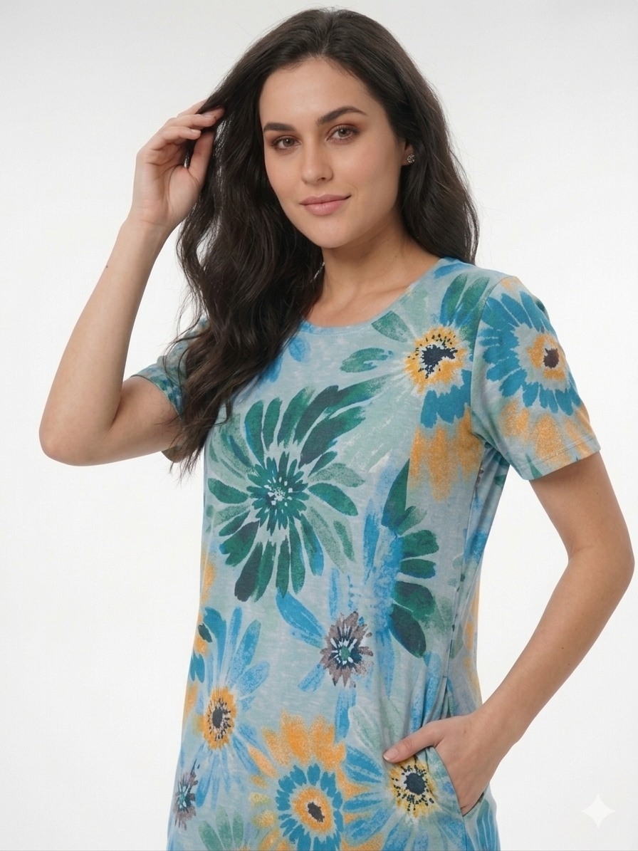 Vestido Manga Corta cuello pico azul estampado floreal