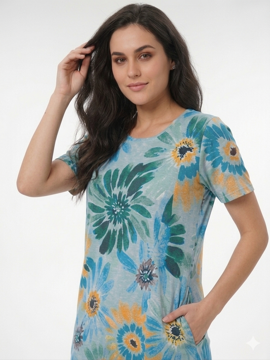 Vestido Manga Corta cuello pico azul estampado floreal