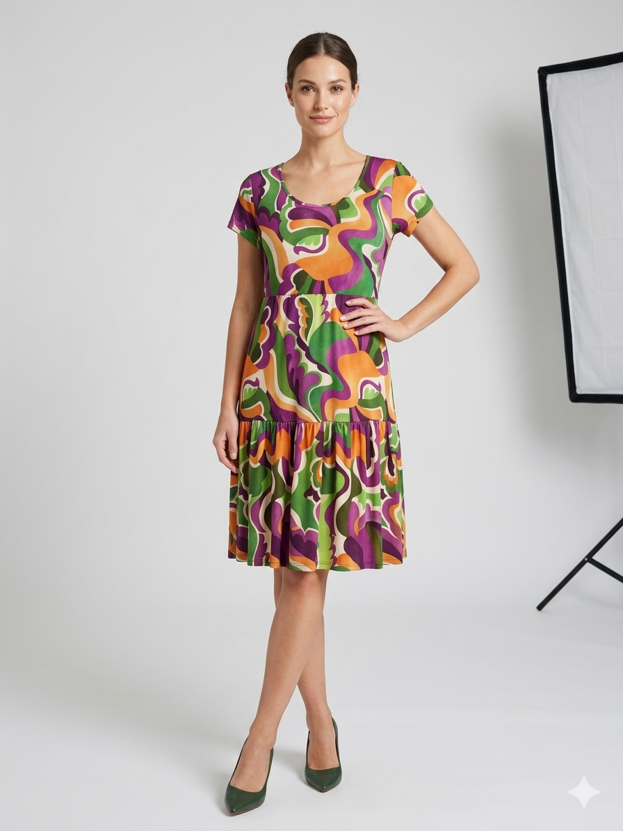 Vestido cuello redondo,  manga corta estampado geometrico lila y verde