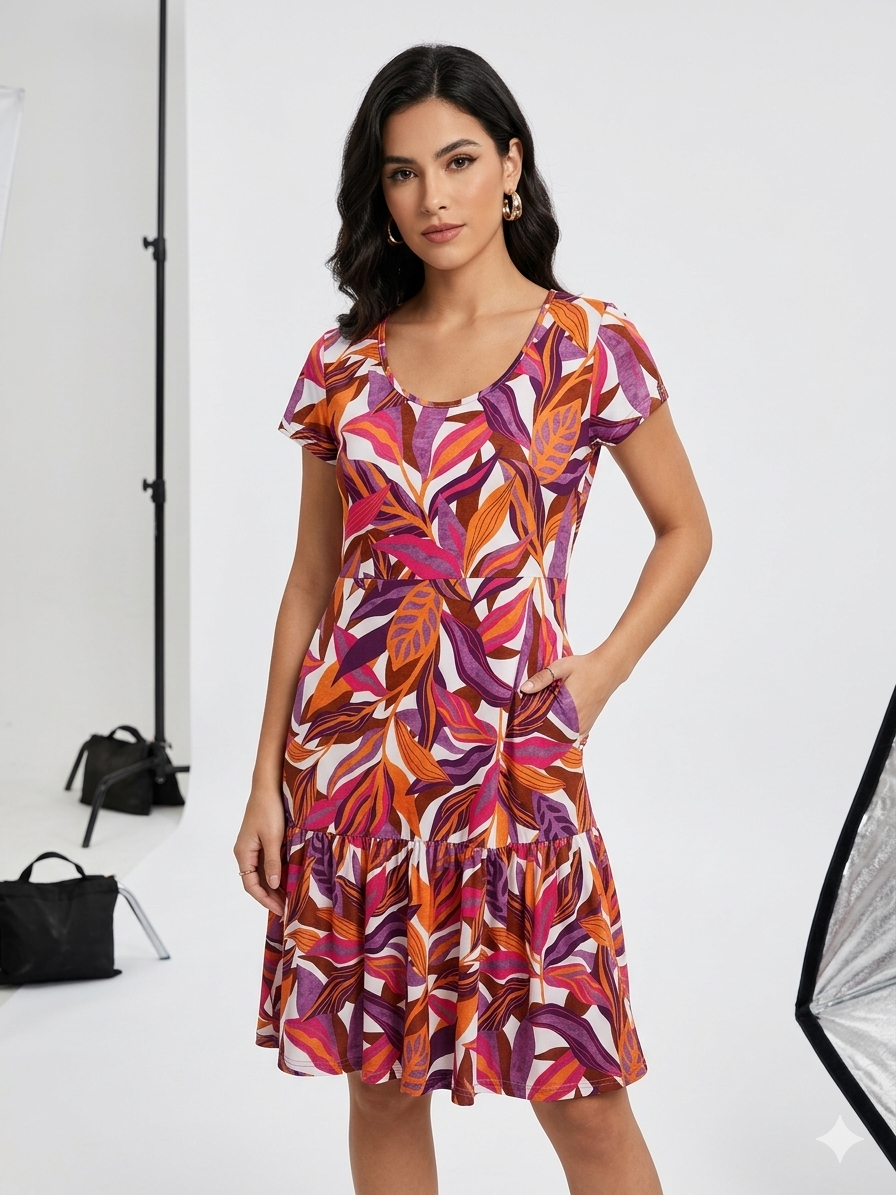 Vestido cuello redondo, manga corta,estampado hojas  fuscia y rojo