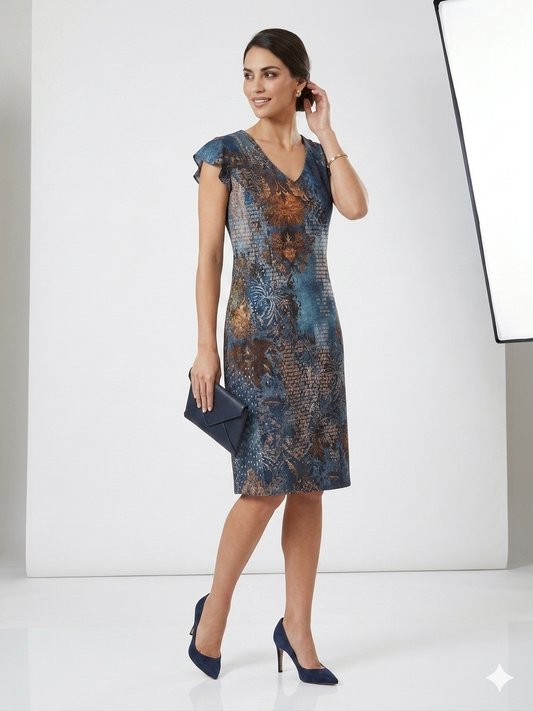 Vestido cuello pico manga volantes,  azul estampado