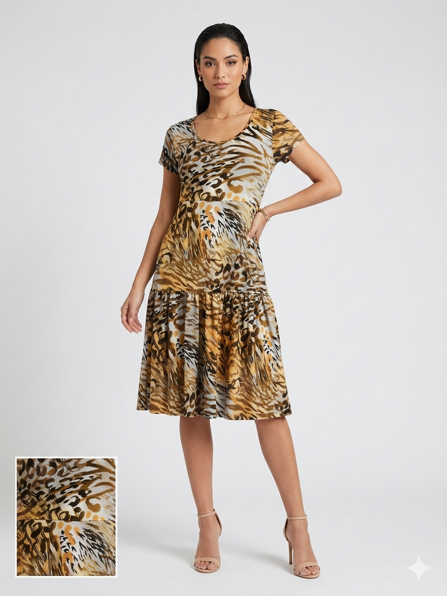 Vestido cuello redondo, manga corta, estampado animal print
