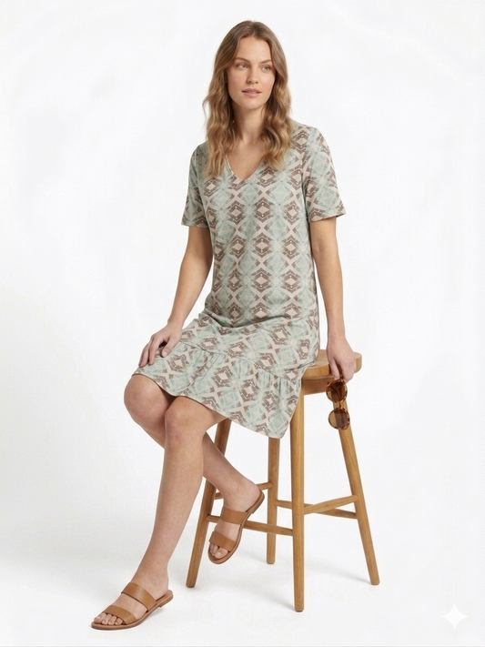 Vestido cuello pico, manga corta, estampado asimétrico verde claro