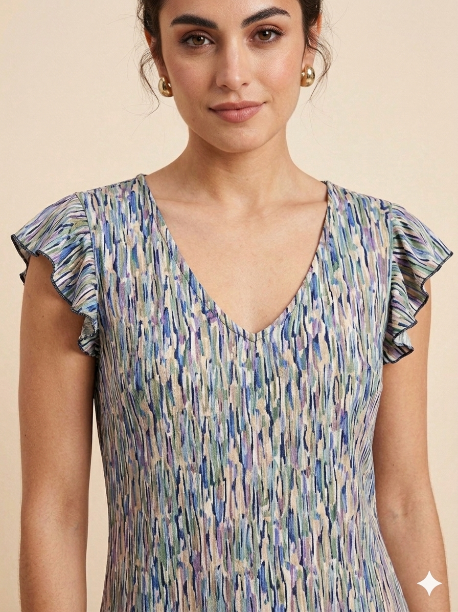 Vestido cuello pico, manga volantes estampado azul
