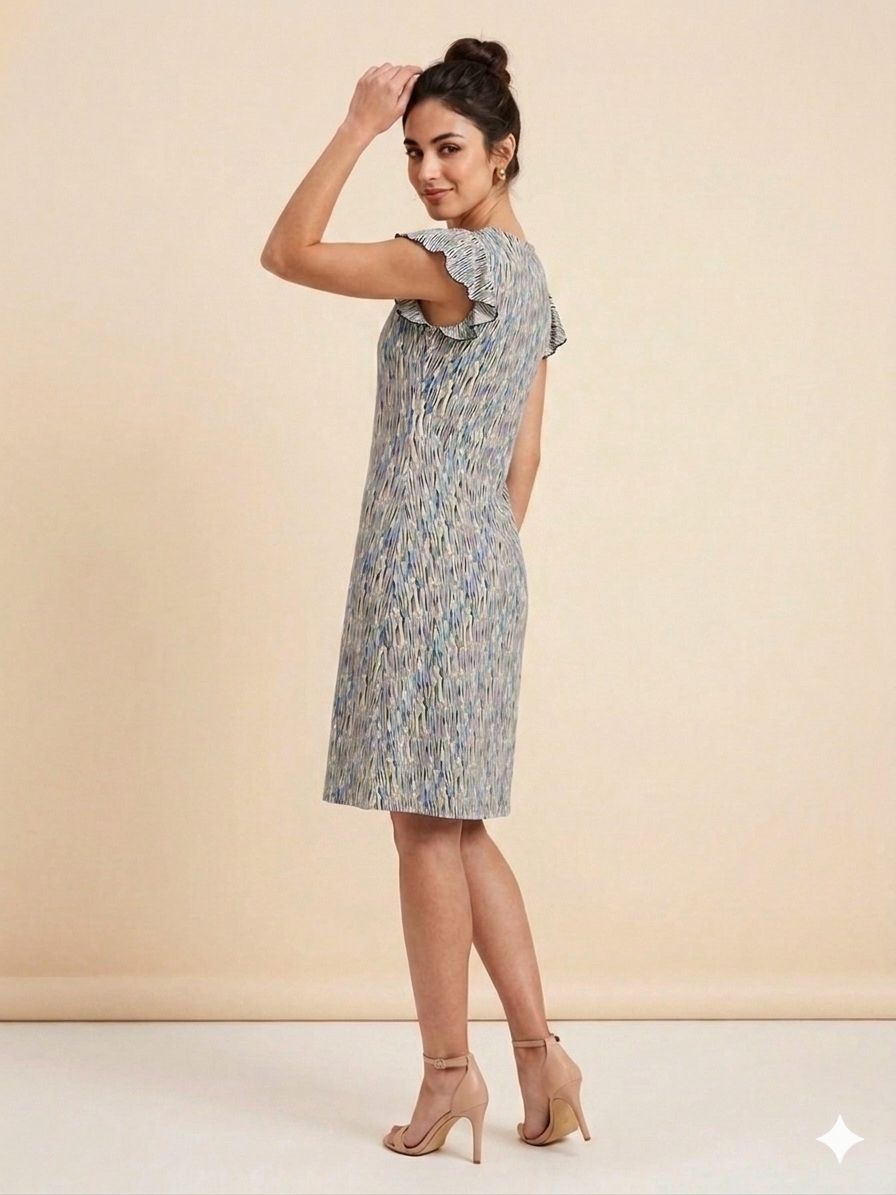 Vestido cuello pico, manga volantes estampado azul